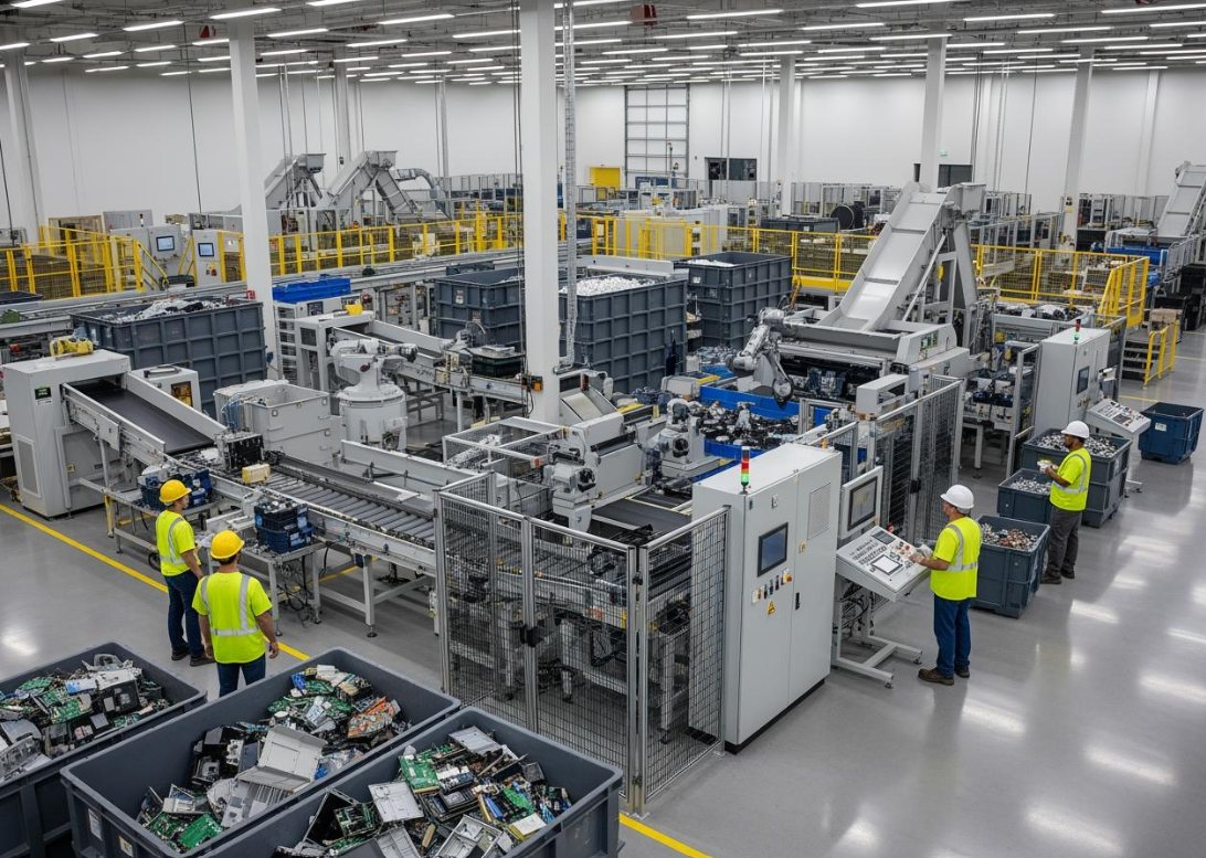 Recycling facility floor with sorting machinery